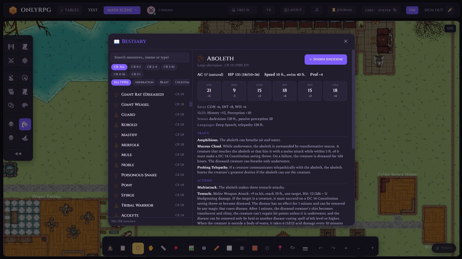 Bestiary — Aboleth statblock with ability scores, traits and actions, and a Spawn Hidden button